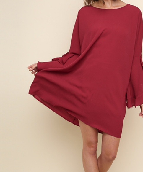 Burgundy Split Ruffle Bell Sleeve Dress - Picture 2 of 5